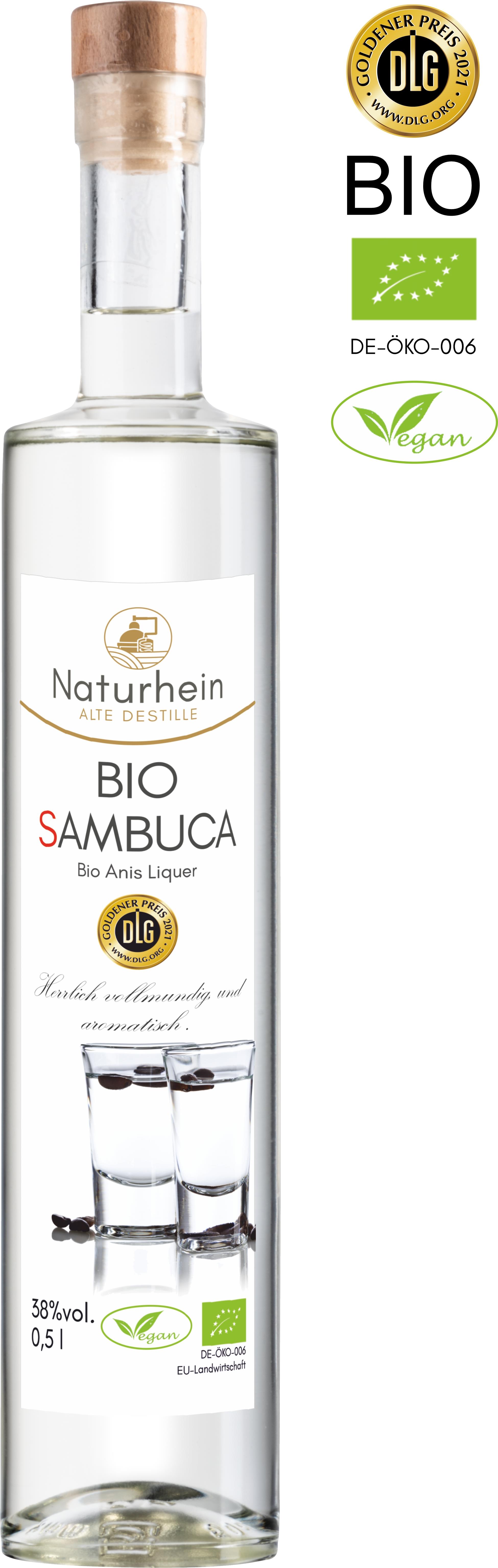 Vegane Bio Sambuca Anis Spirituose. Ausgezeichnet mit der goldenen Medaille der DLG
